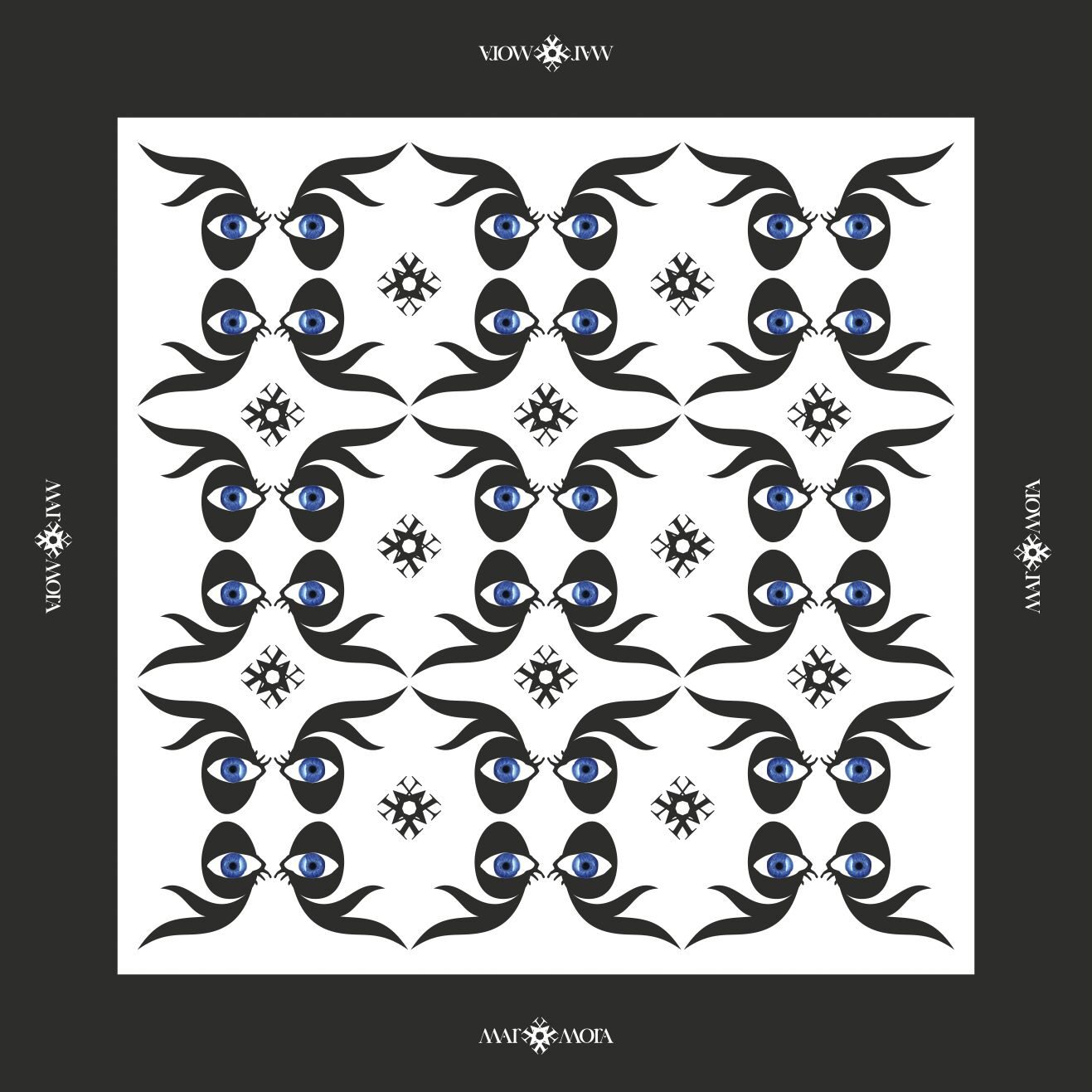 Pañuelo con el patrón gráfico de la marca: antifaces con ojos azules sobre fondo blanco.